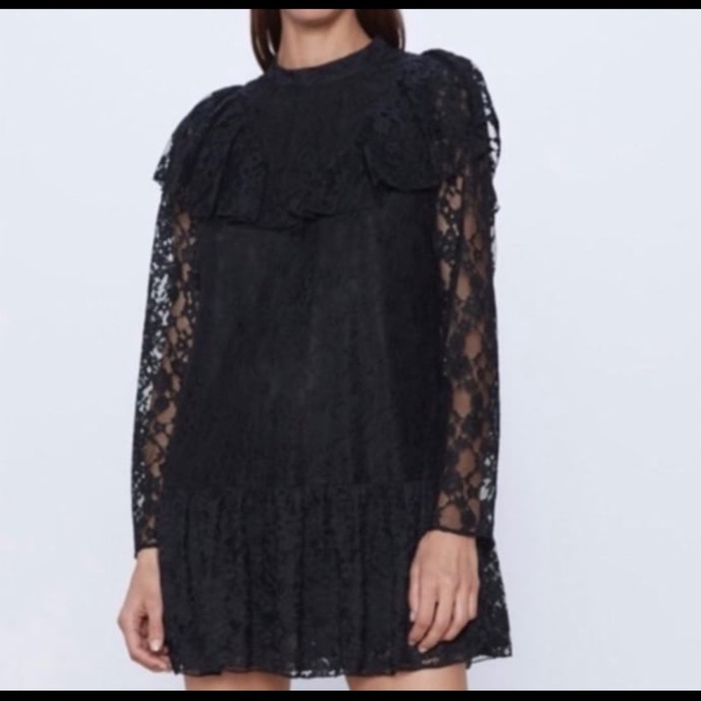 Zara Black Lace Ruffle Yoke Mini Dress